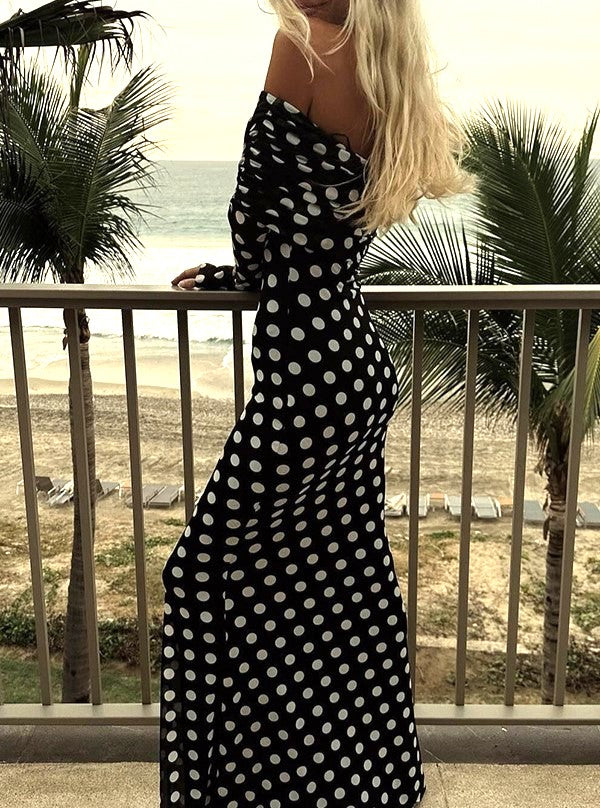 Polka Dot Off Shoulder Maxi Dress - Black
