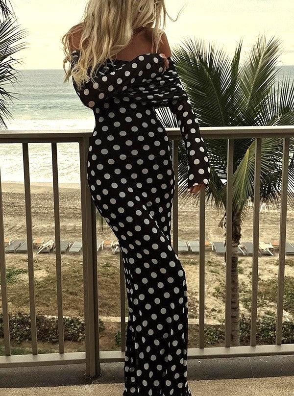 Polka Dot Off Shoulder Maxi Dress - Black - 2