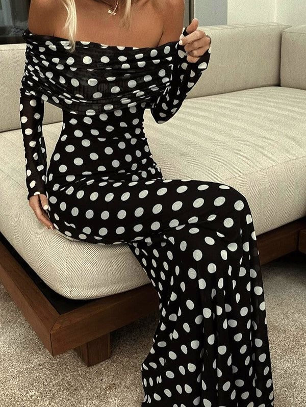 Polka Dot Off Shoulder Maxi Dress - Black - 3
