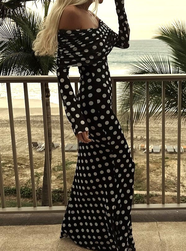 Polka Dot Off Shoulder Maxi Dress - Black - 4
