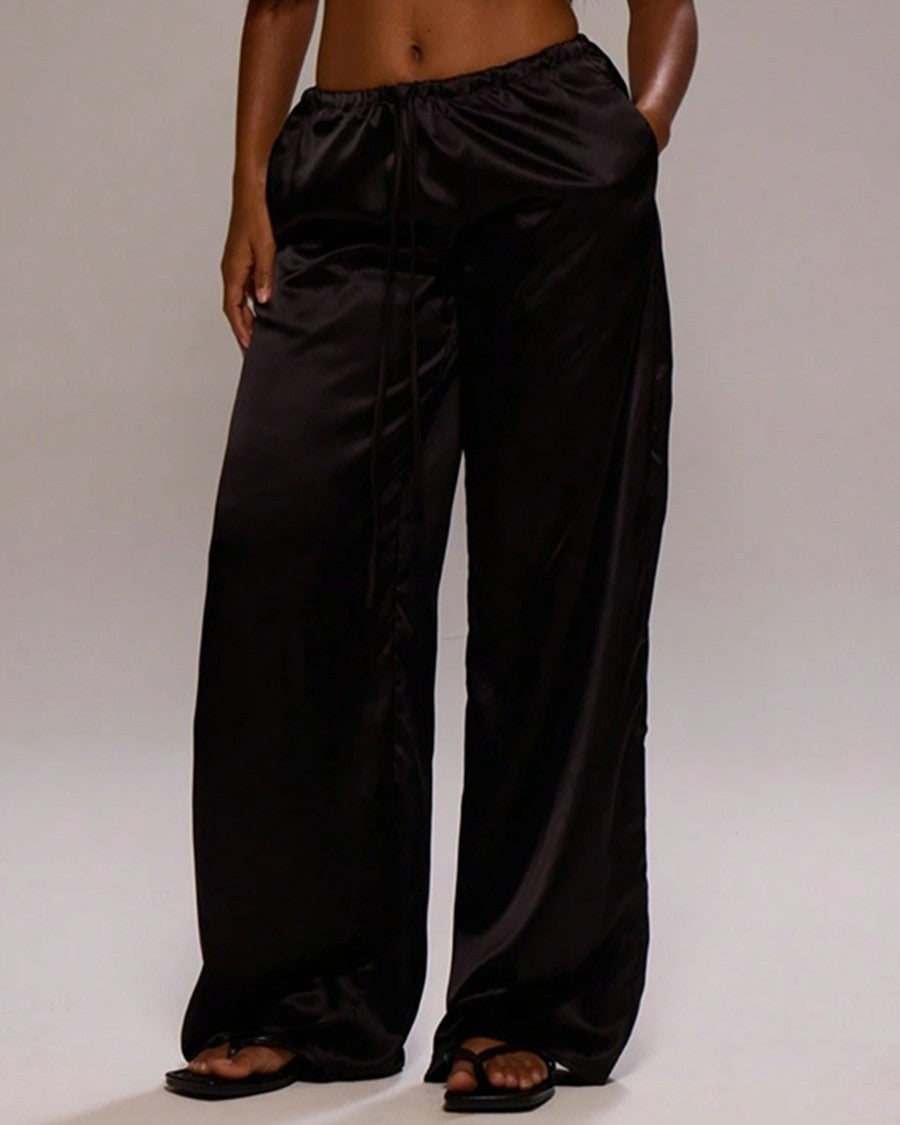 Flowy Satin Wide Leg Pants With Pockets - Black