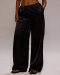 Flowy Satin Wide Leg Pants With Pockets - Black