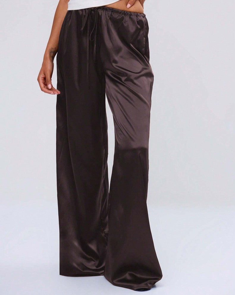 Flowy Satin Wide Leg Pants With Pockets - Brown