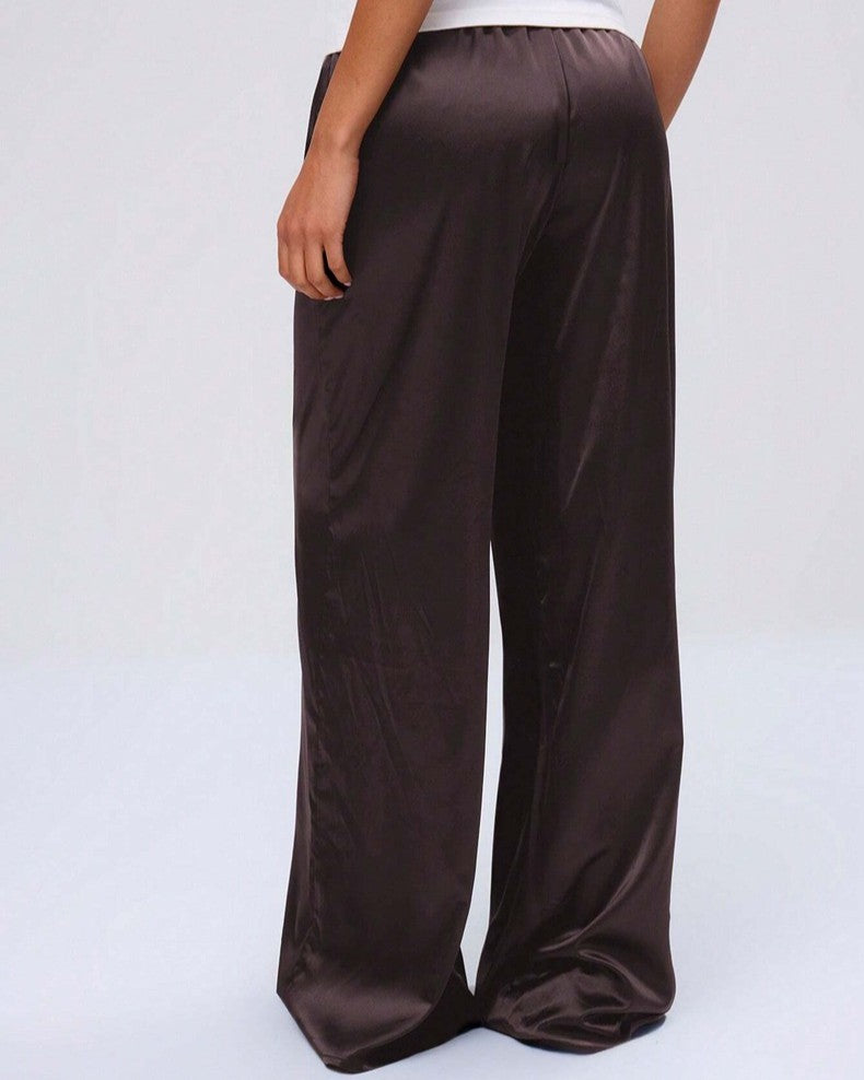 Flowy Satin Wide Leg Pants With Pockets - Brown - 1