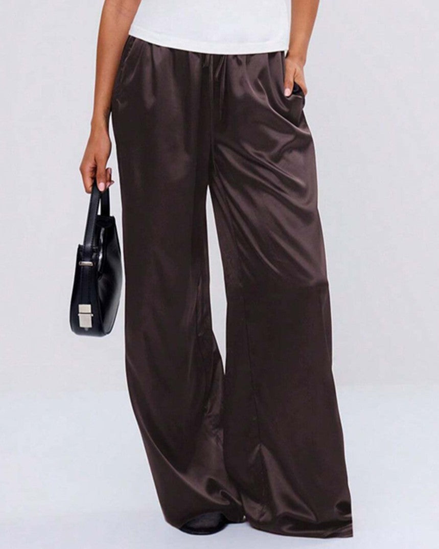 Flowy Satin Wide Leg Pants With Pockets - Brown - 2