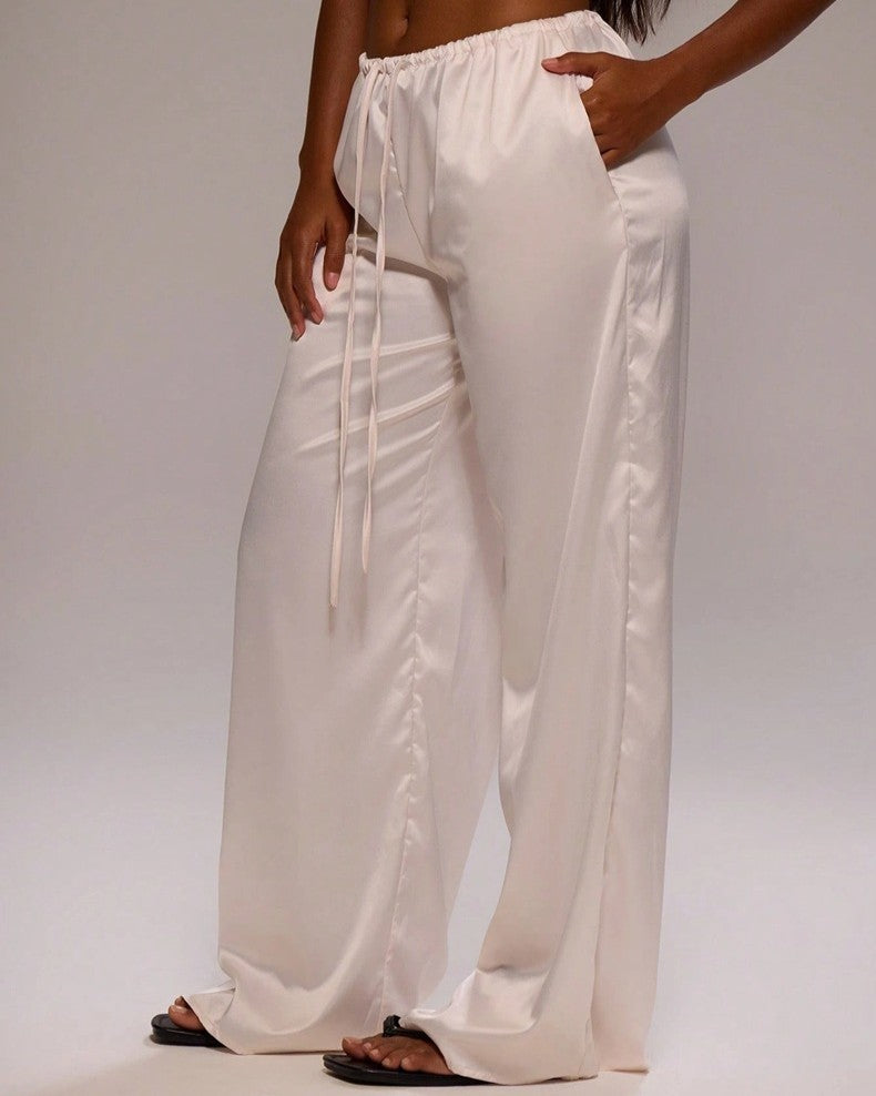 Flowy Satin Wide Leg Pants With Pockets - Off-White