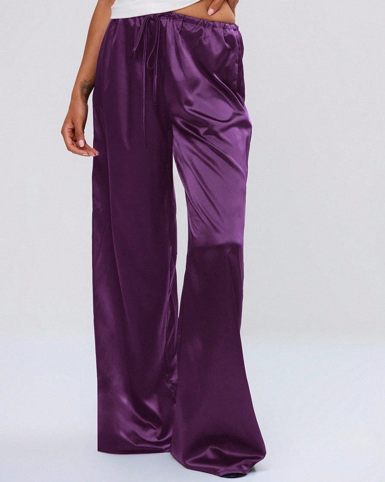 Flowy Satin Wide Leg Pants With Pockets - Purple