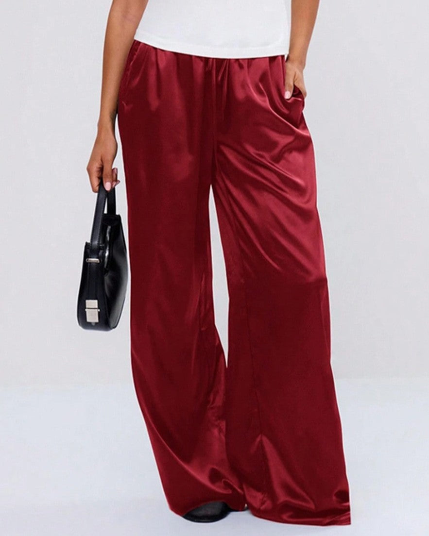 Flowy Satin Wide Leg Pants With Pockets - Red