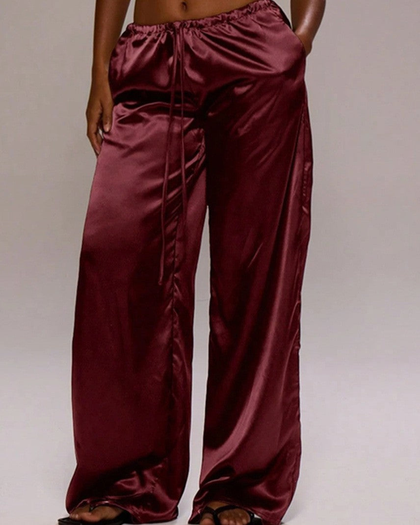 Flowy Satin Wide Leg Pants With Pockets - Wine-Red