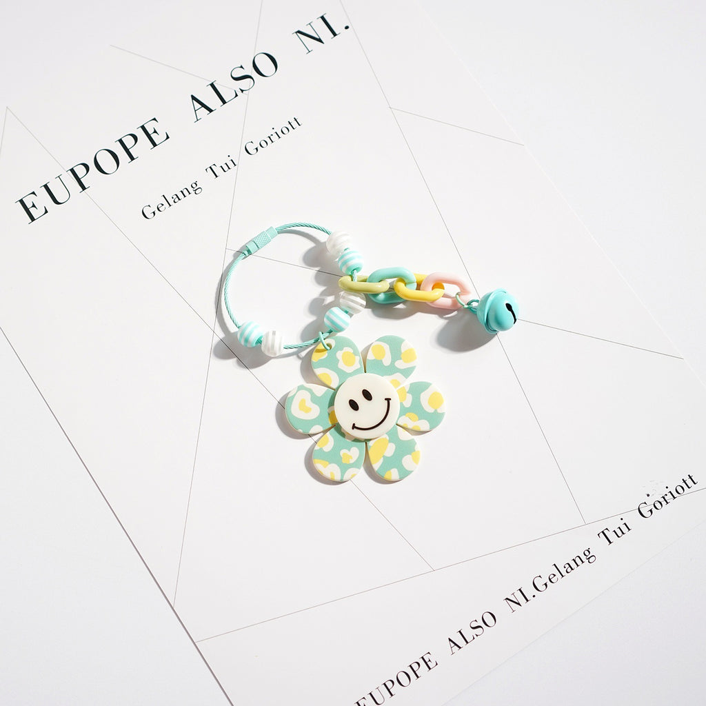 Smiley Flower Beaded Ring Bell Keychain - Blue