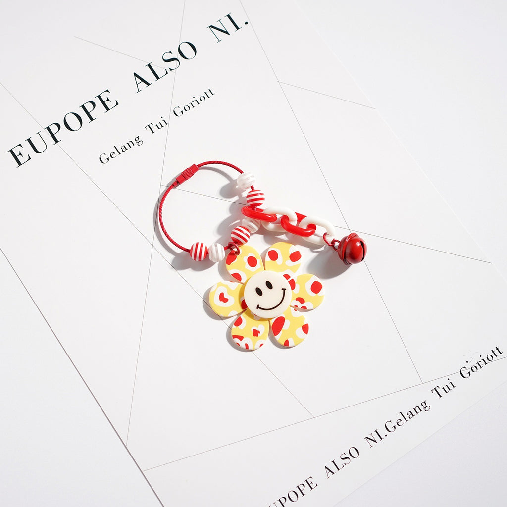 Smiley Flower Beaded Ring Bell Keychain - Orange
