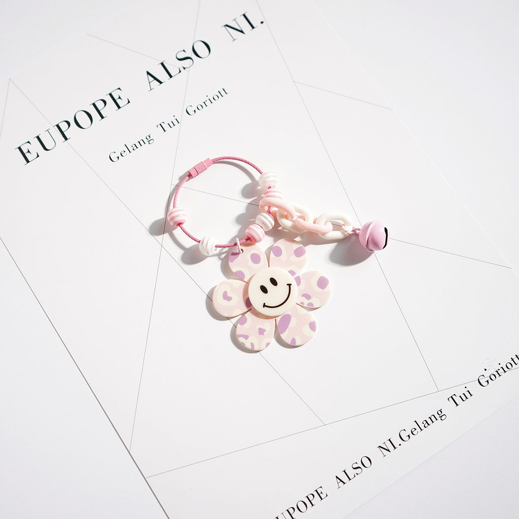 Smiley Flower Beaded Ring Bell Keychain - Purple