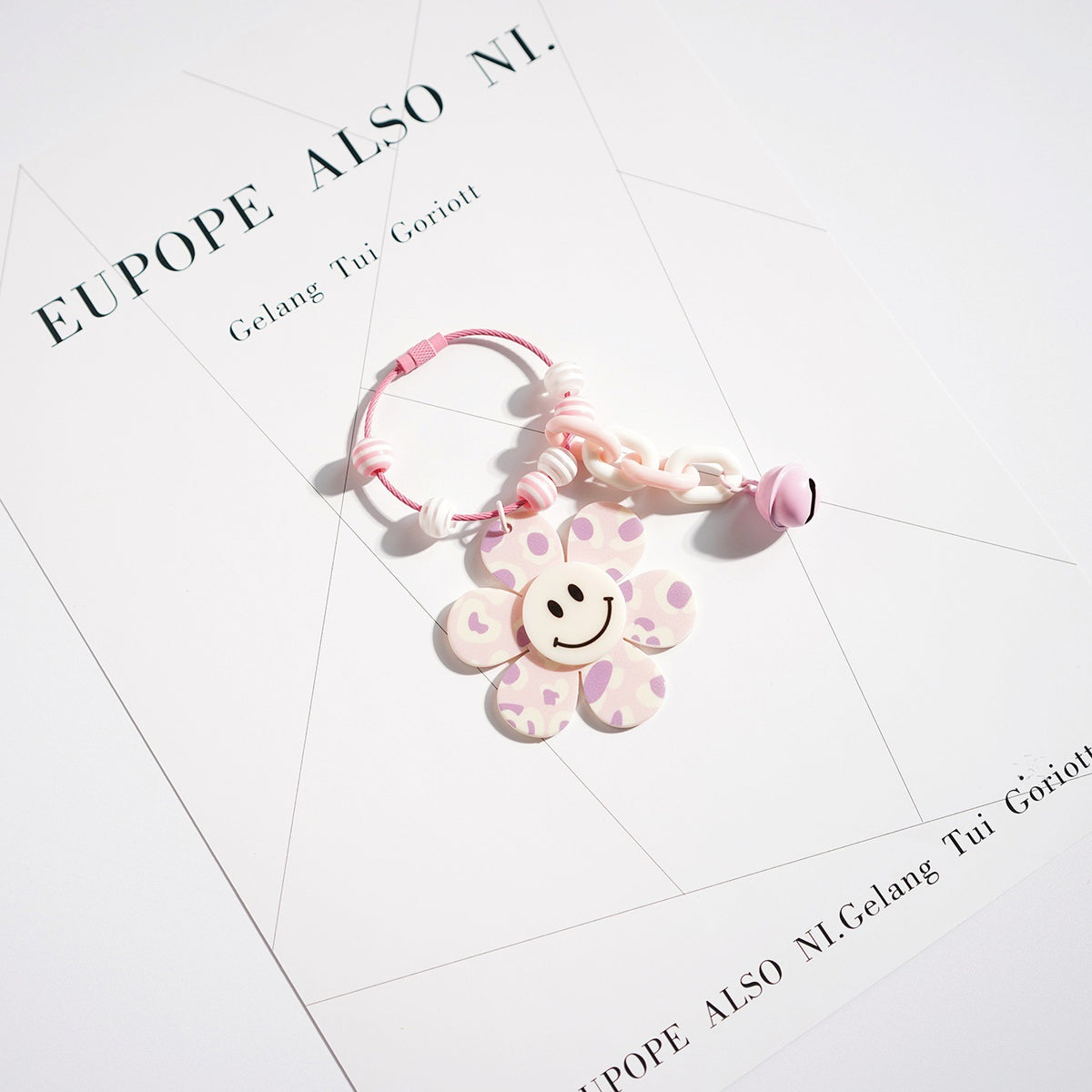 Smiley Flower Beaded Ring Bell Keychain - Purple