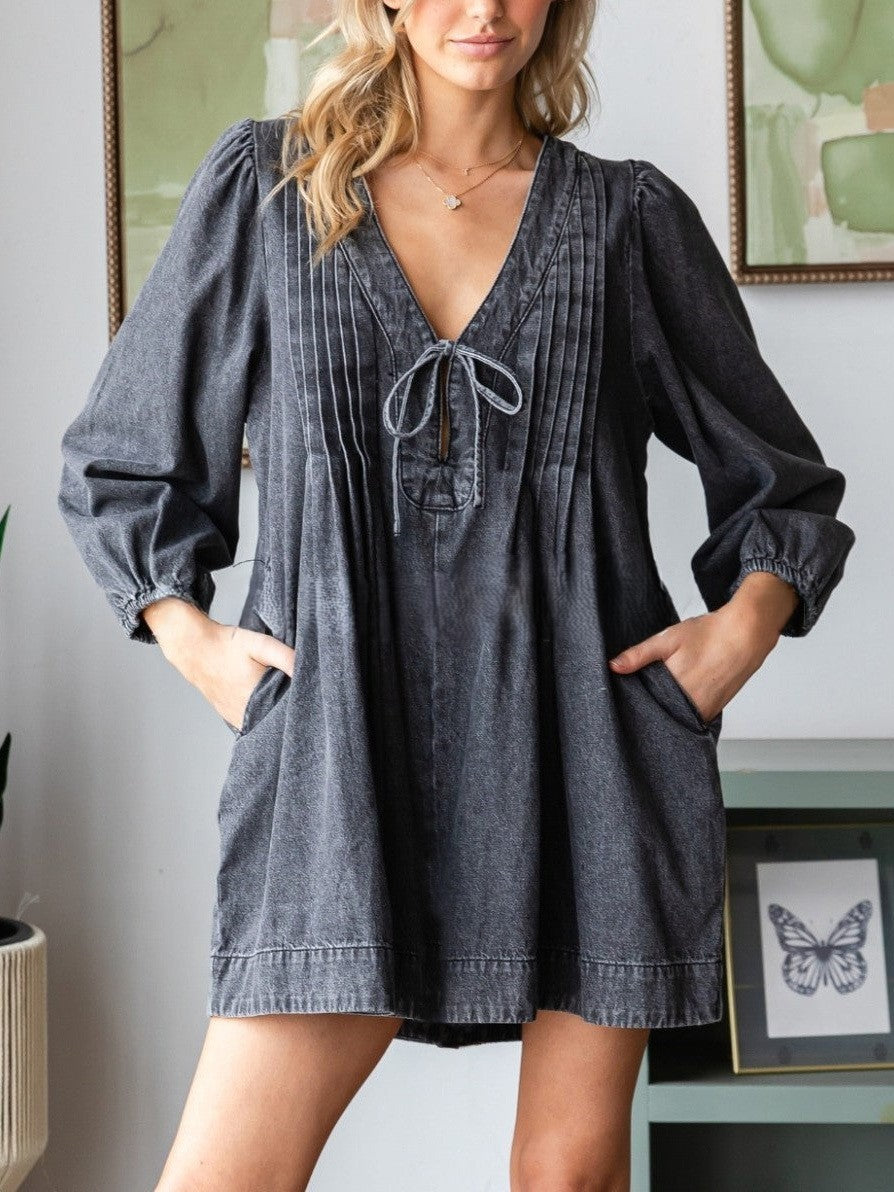 Pintuck Denim Tie Front Mini Dress - Black
