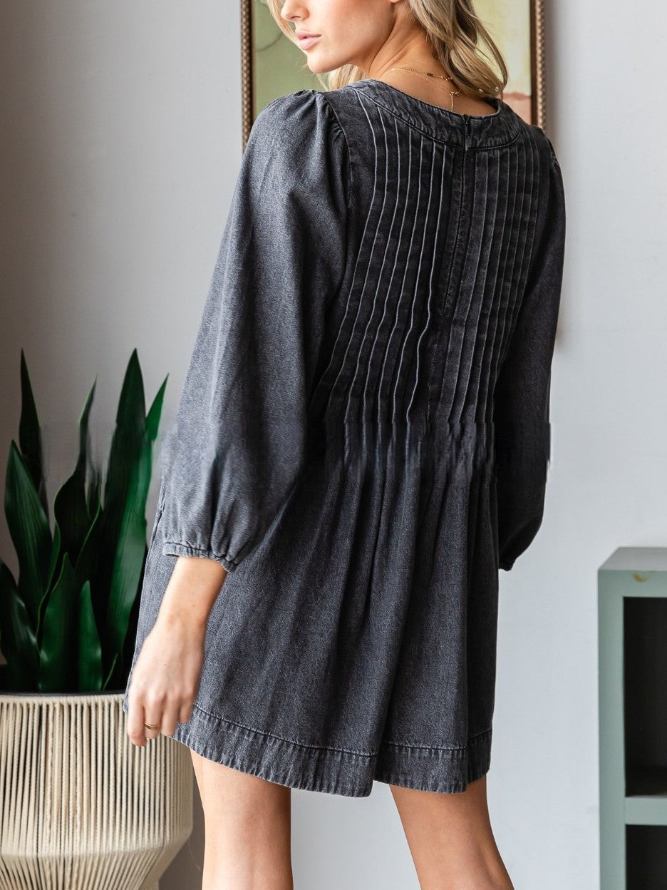 Pintuck Denim Tie Front Mini Dress - Black - 1