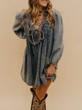 Pintuck Denim Tie Front Mini Dress - Blue