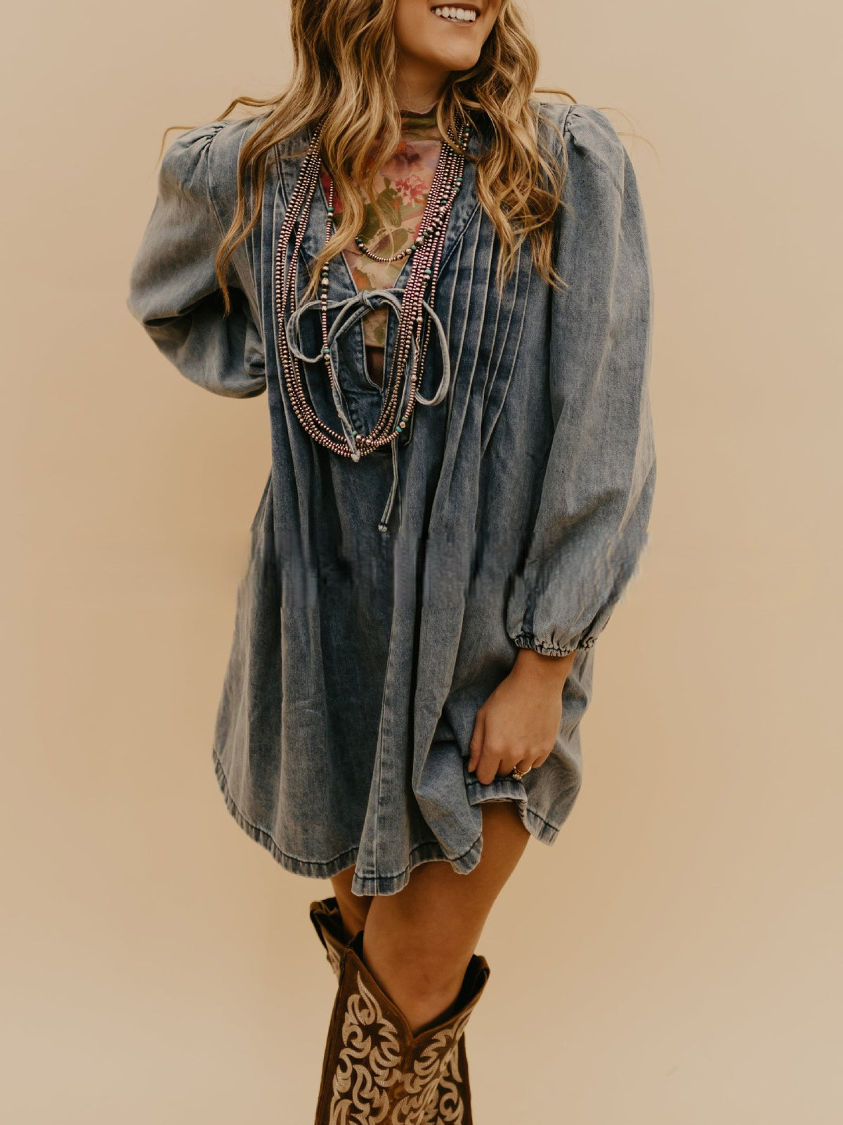 Pintuck Denim Tie Front Mini Dress - Blue