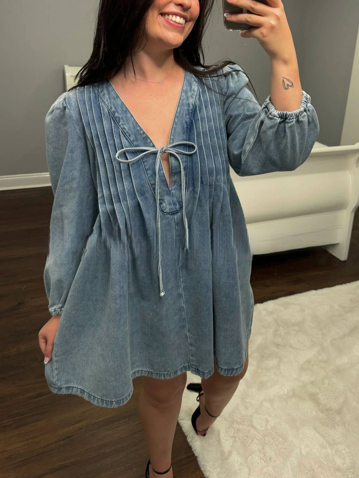 Pintuck Denim Tie Front Mini Dress