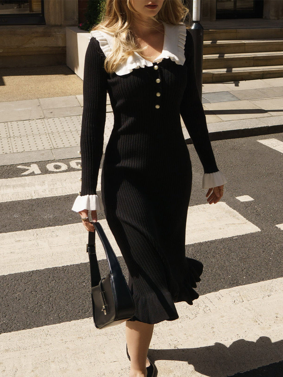 Ruffle Collar Ribbed Knit Midi Dress - Black - 1