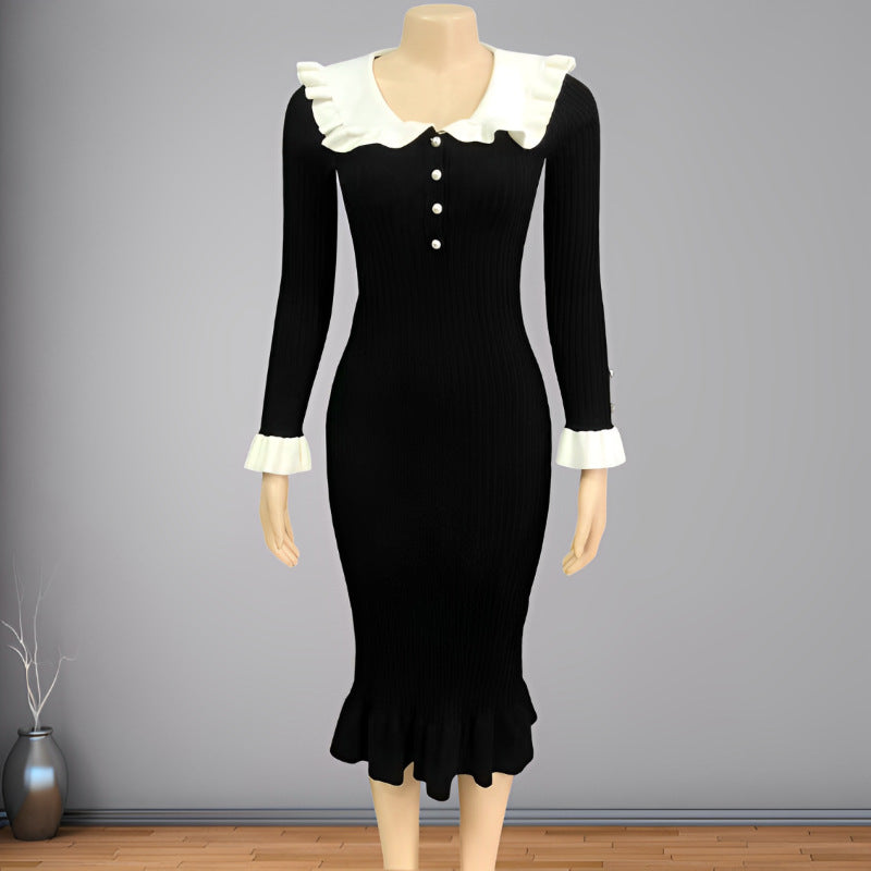 Ruffle Collar Ribbed Knit Midi Dress - Black - 3