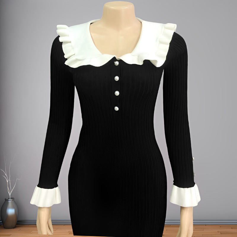 Ruffle Collar Ribbed Knit Midi Dress - Black - 4