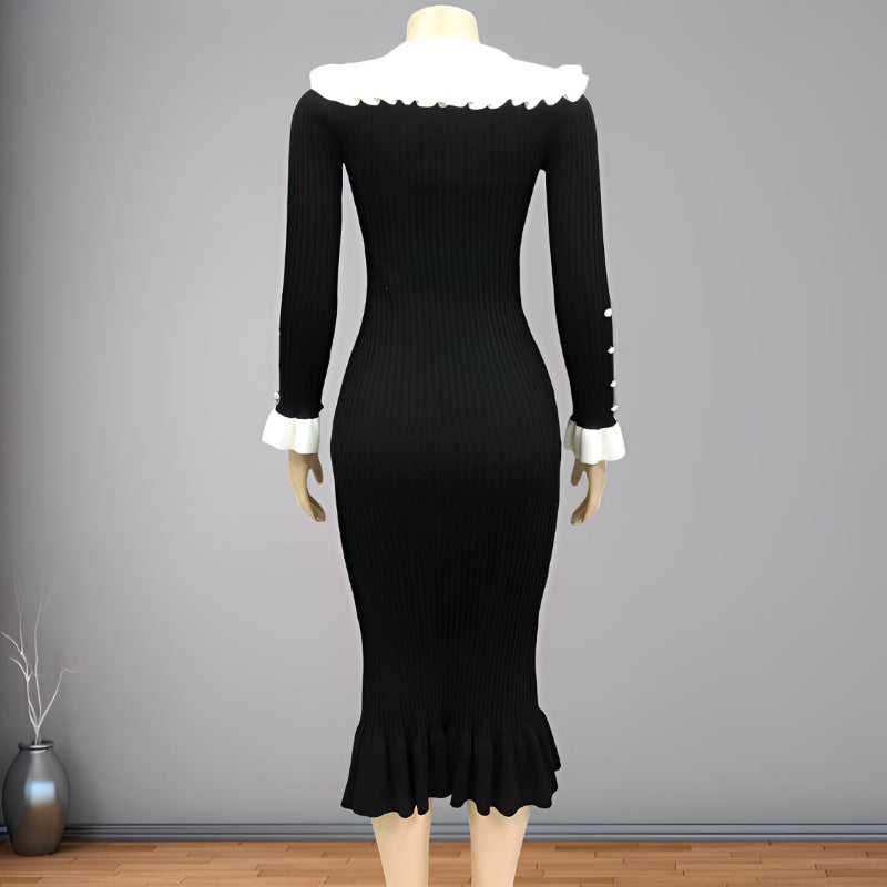 Ruffle Collar Ribbed Knit Midi Dress - Black - 5