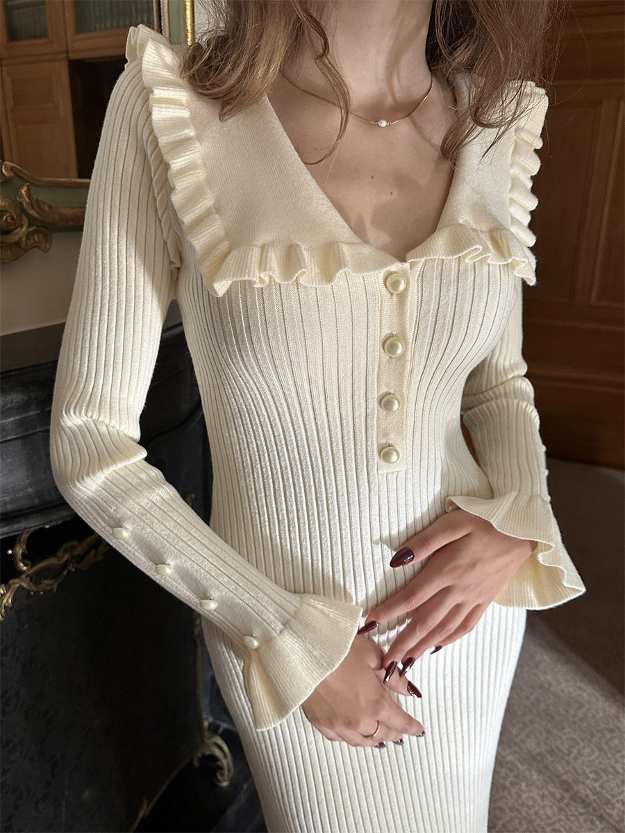 Ruffle Collar Ribbed Knit Midi Dress - White - 1