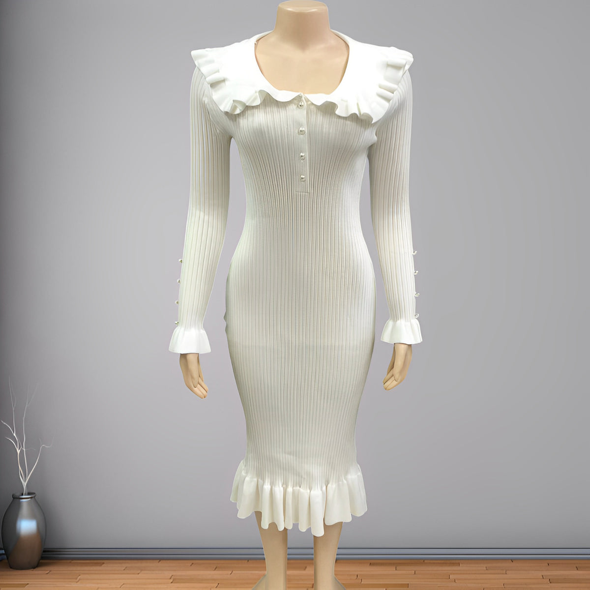 Ruffle Collar Ribbed Knit Midi Dress - White - 3