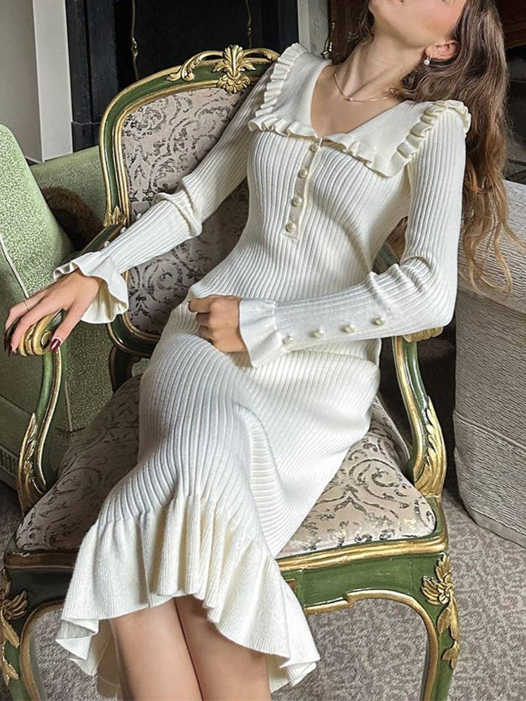 Ruffle Collar Ribbed Knit Midi Dress