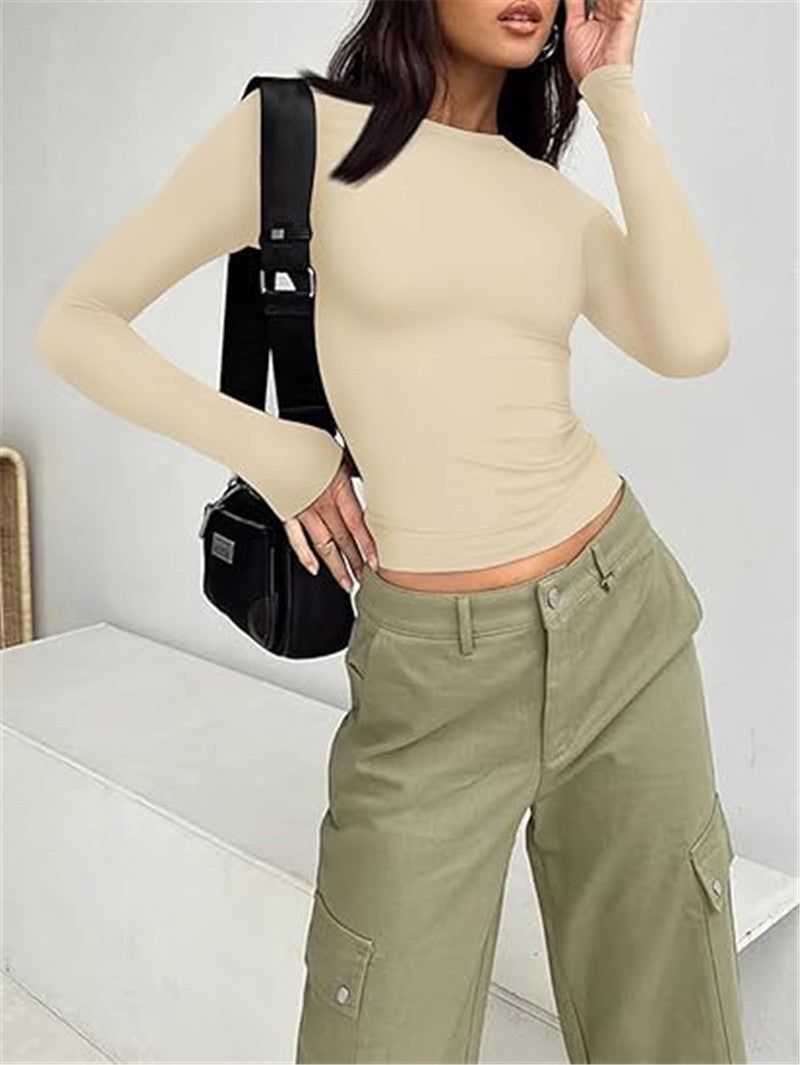Crew Neck Fitted Long Sleeve Crop Tee - Apricot