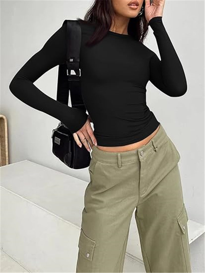 Crew Neck Fitted Long Sleeve Crop Tee - Black
