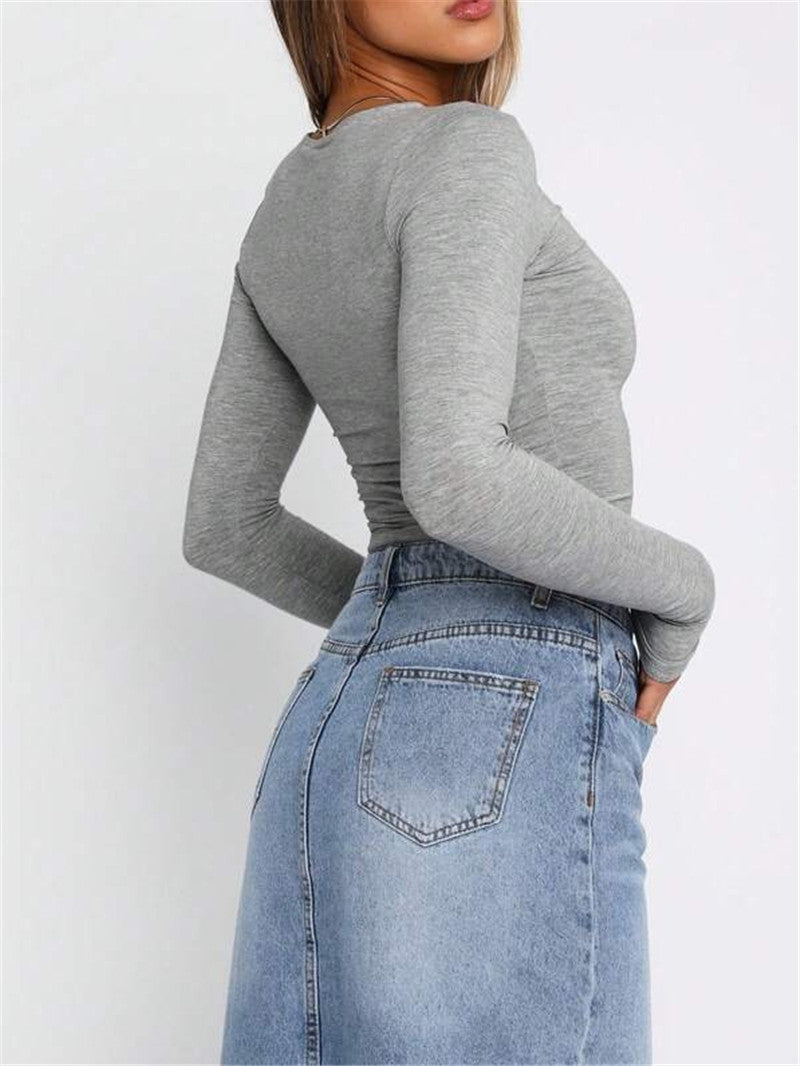 Crew Neck Fitted Long Sleeve Crop Tee - Gray - 2