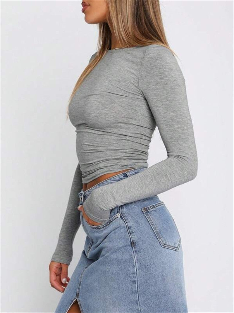 Crew Neck Fitted Long Sleeve Crop Tee - Gray - 3