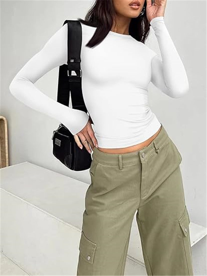 Crew Neck Fitted Long Sleeve Crop Tee - White