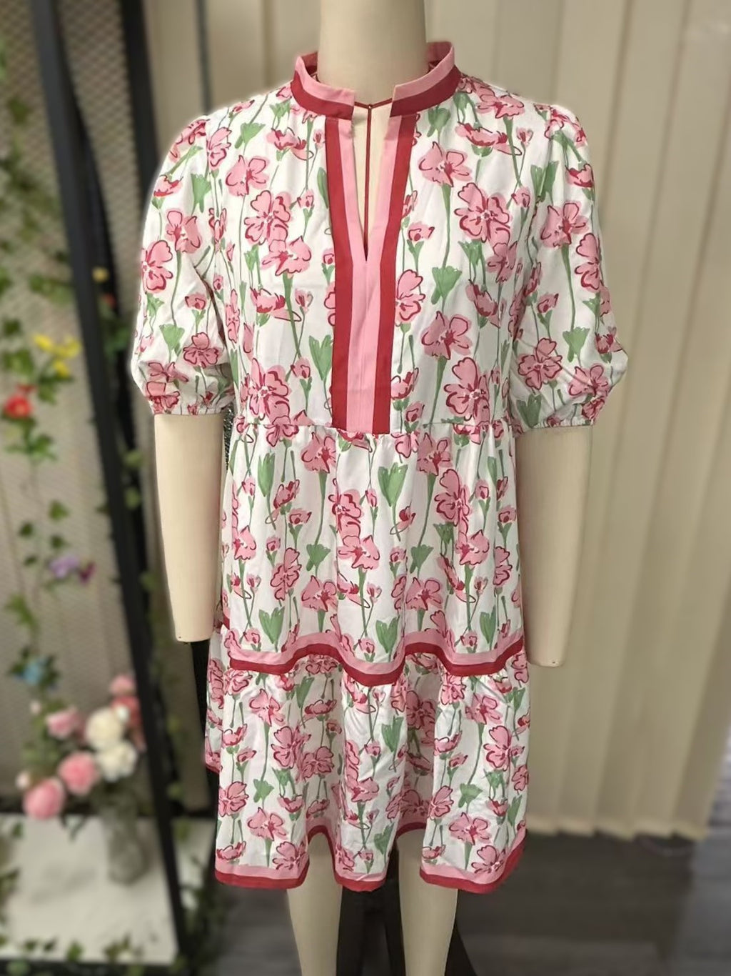 Pink Floral Tiered Babydoll Mini Dress - Pink - 1