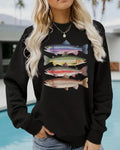 Retro Trout Illustration Pullover Sweatshirt - Black