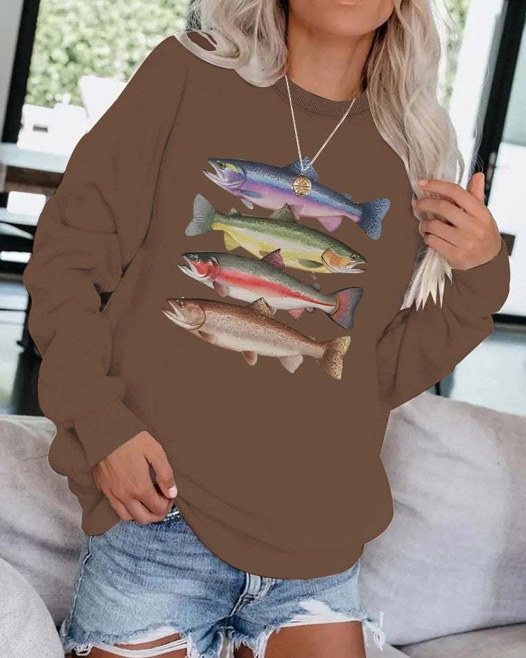 Retro Trout Illustration Pullover Sweatshirt - Coffee