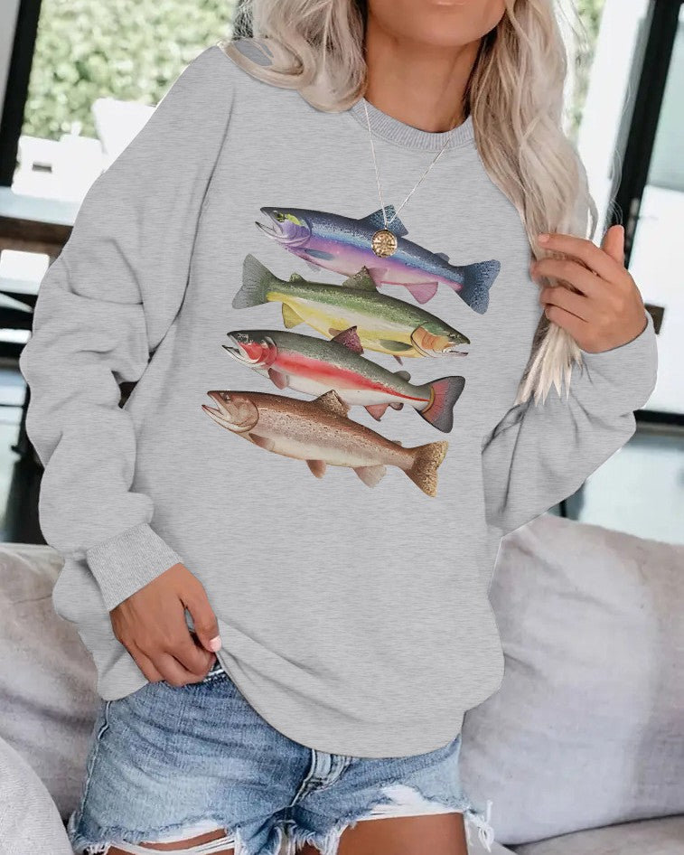 Retro Trout Illustration Pullover Sweatshirt - Grey