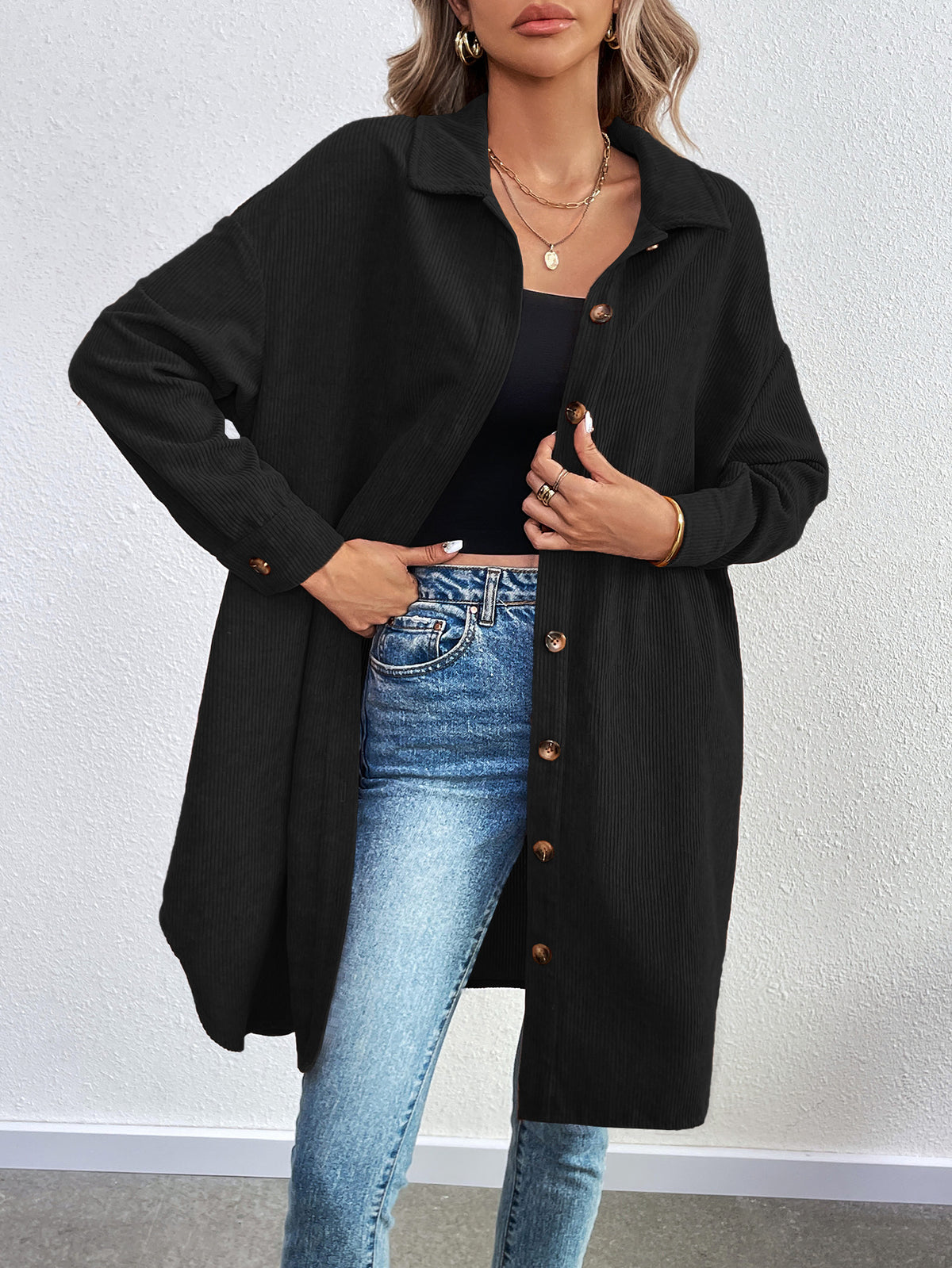 Oversized Longline Corduroy Button Down Shacket - Black