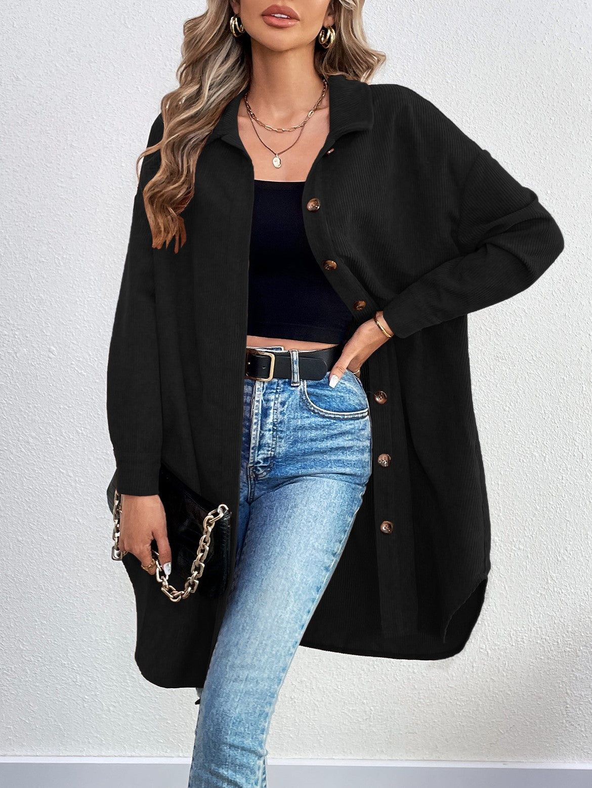 Oversized Longline Corduroy Button Down Shacket - Black - 1