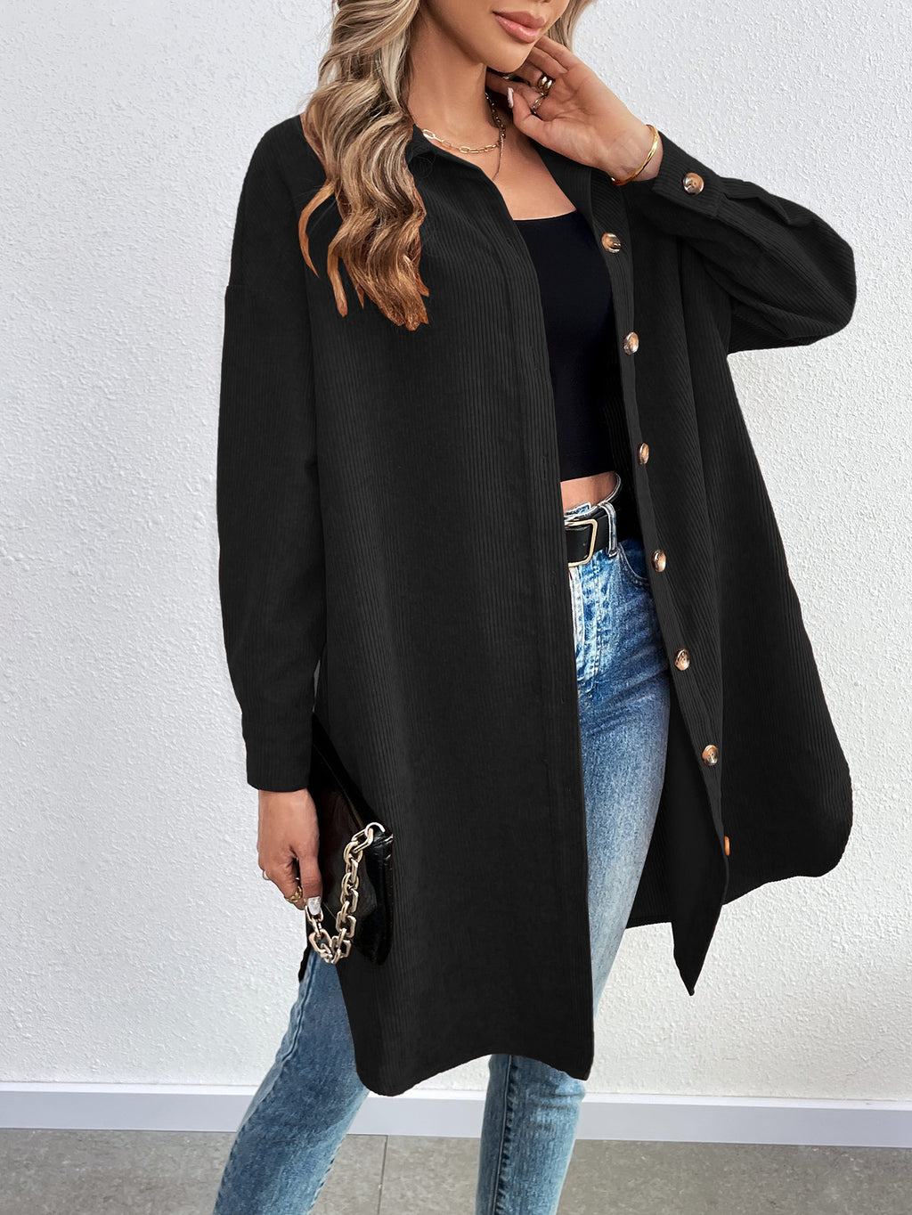 Oversized Longline Corduroy Button Down Shacket - Black - 2