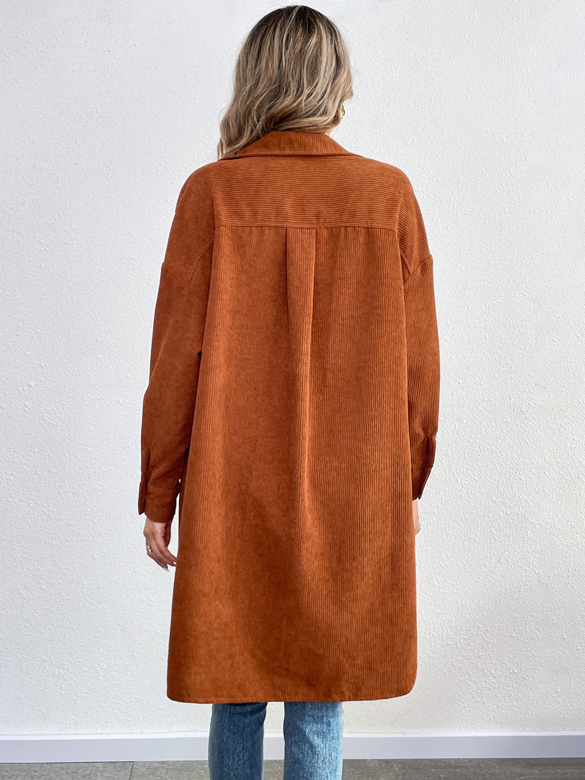 Oversized Longline Corduroy Button Down Shacket - Brown - 1