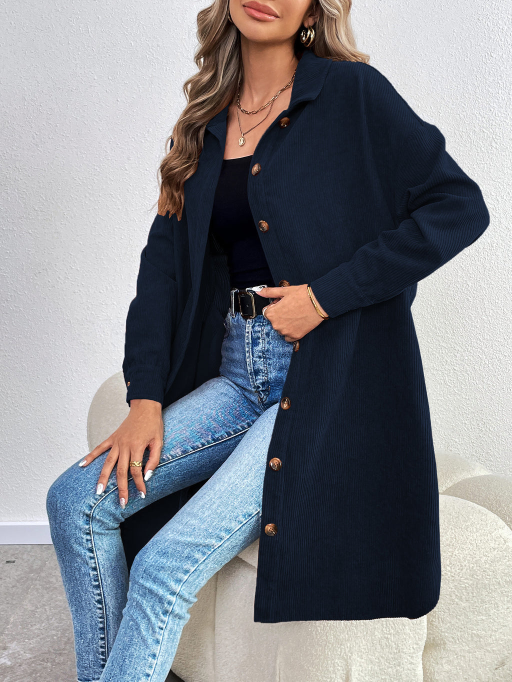 Oversized Longline Corduroy Button Down Shacket - Navyblue - 1