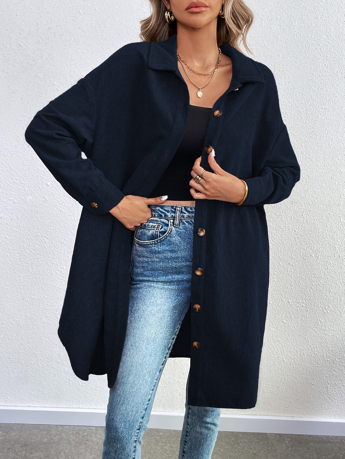 Oversized Longline Corduroy Button Down Shacket - Navyblue - 2
