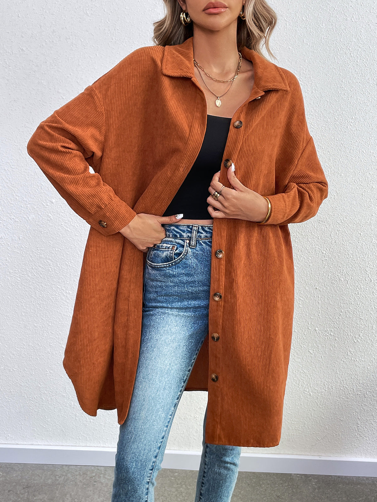 Oversized Longline Corduroy Button Down Shacket