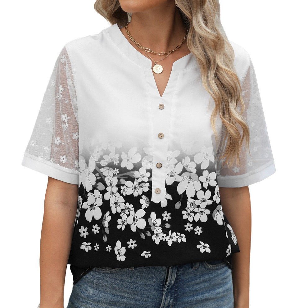Ombre Floral Lace Sleeve Henley Top - Black