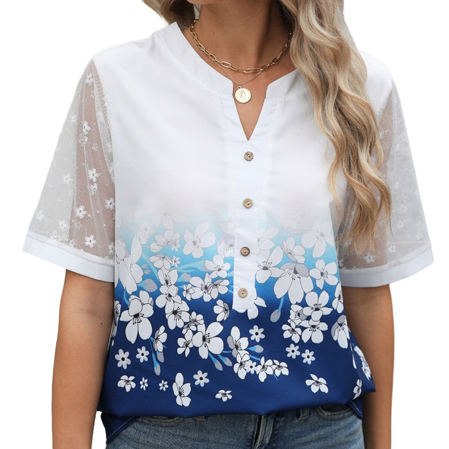 Ombre Floral Lace Sleeve Henley Top - Blue