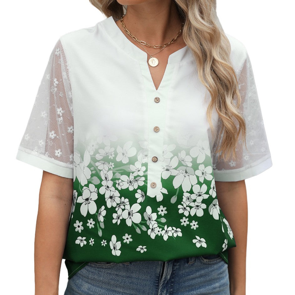Ombre Floral Lace Sleeve Henley Top - Green