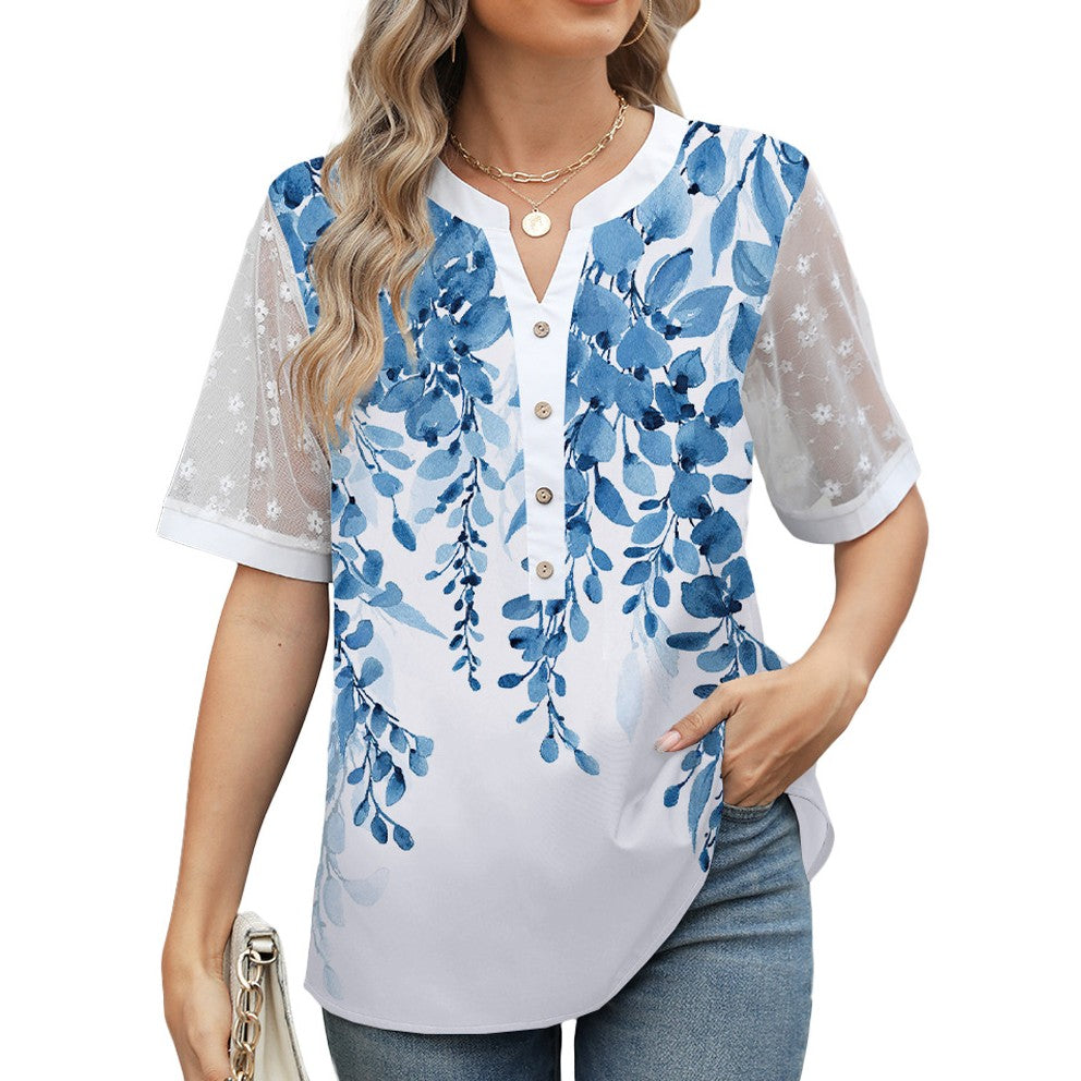 Ombre Floral Lace Sleeve Henley Top - Leaf - 1