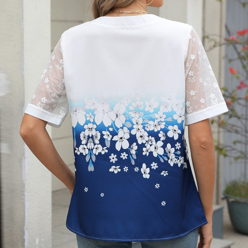 Ombre Floral Lace Sleeve Henley Top - Leaf - 2